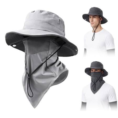 Breathable Fisherman Hat with Detachable Face Mask Sun Hat Neck Flap Wide Brim Bucket Hat for Men Hiking Fishing