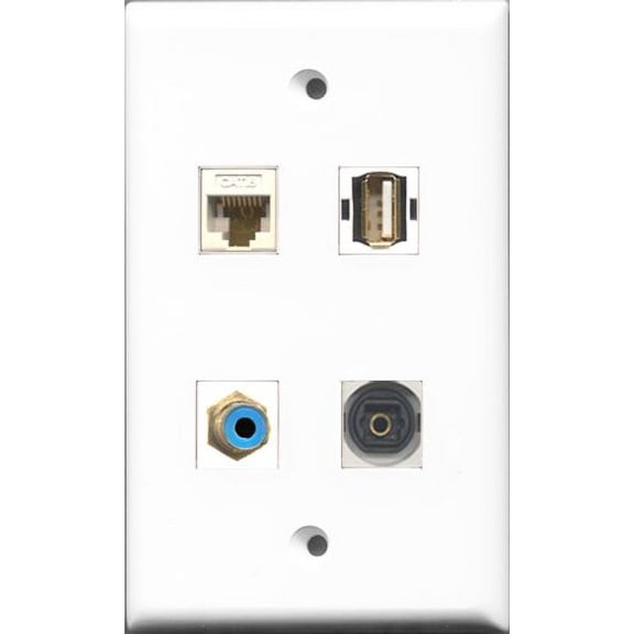 RiteAV 1 Port RCA Blue and 1 Port USB A-A and 1 Port Toslink and 1 Port Cat6 Ethernet White Wall Plate