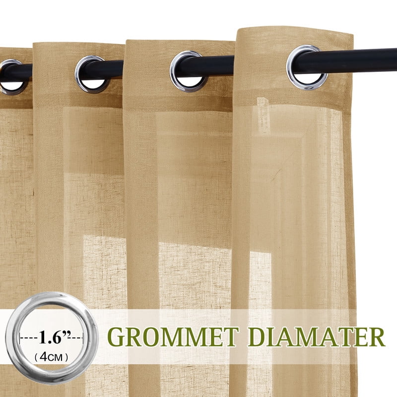 NICETOWN Camel Sheer Linen Curtains, Grommet Semi Sheer Linen Window Treatment Linen Weave Vertical Drapes Privacy with Light Filter for Living Room, 52"x90", 1 Pair