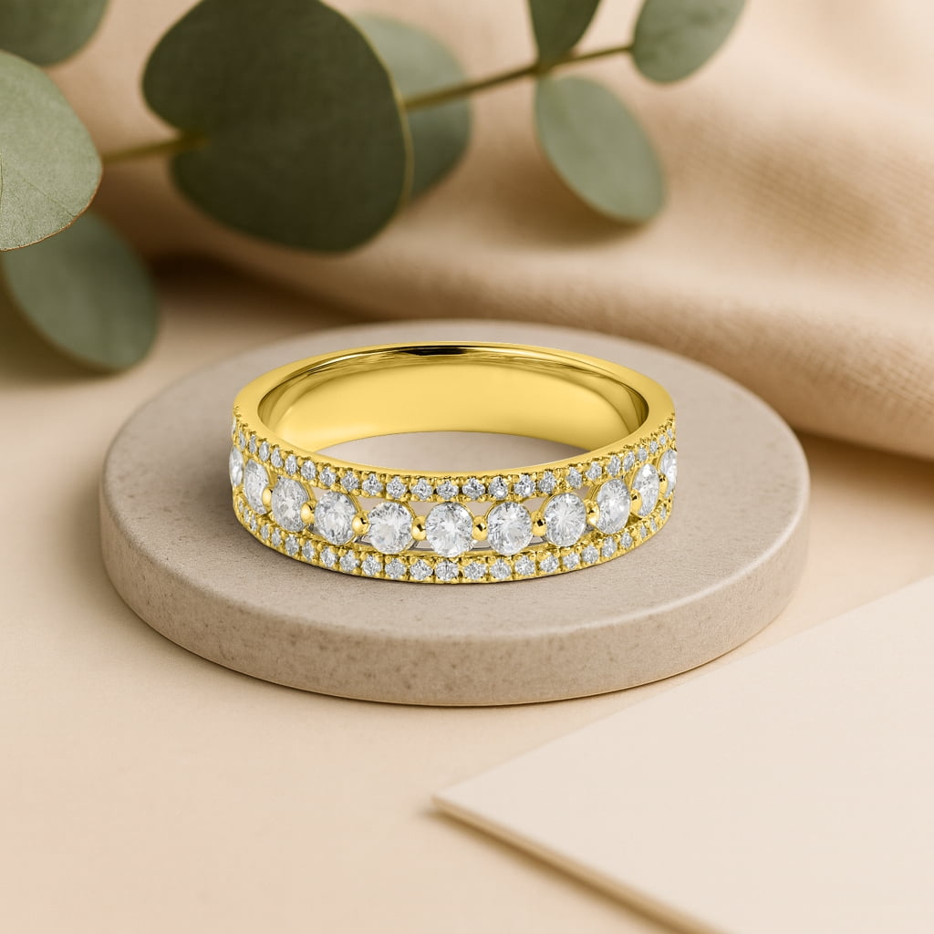JeenMata Double Pave - 0.75 Carat Round Brilliant Cut Moissanite - Eternity Anniversary Ring - 18K Yellow Gold Plating for Women