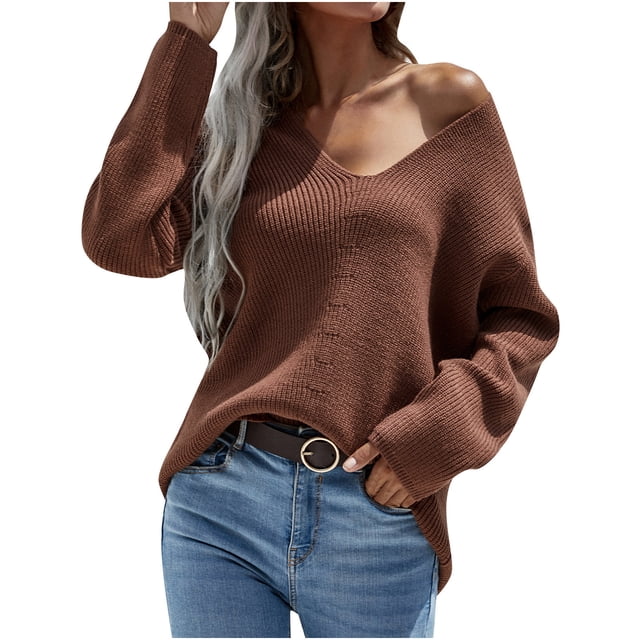 Jersey suelto de manga larga con cuello en V para mujer, blusa, suéter de punto Fridja hjk2530