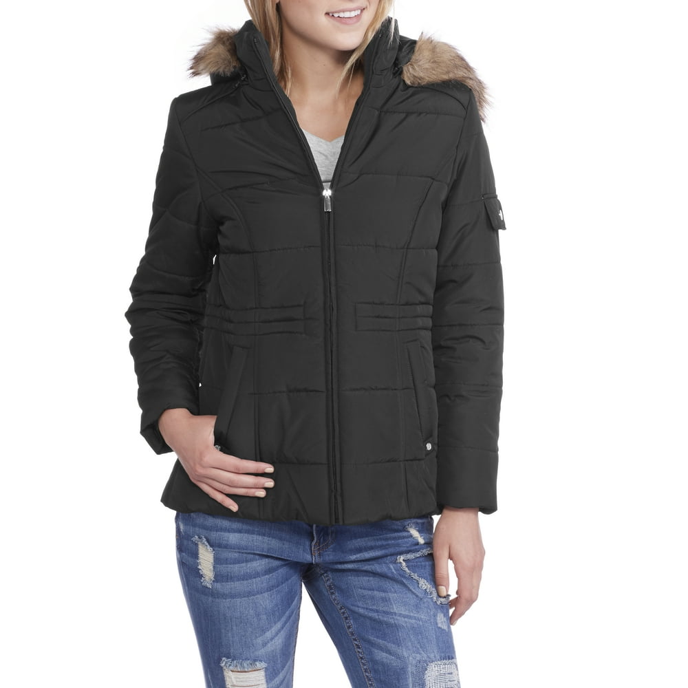 Faded Glory - Women's Quilted Puffer Jacket With Faux Fur-Trim Hood ...