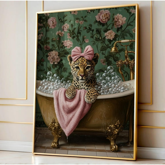 Leopard In Bathtub Wall Art, Big Cat Taking A Bubble Bath In Tub, Jungle Bathroom Art Print, Modern Home Decor, Safari Aesthetic Wall Art, Modern Wall Decor, 8x12 UNFRAMED