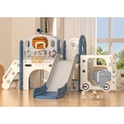 XJD 10 in 1 Toddler Slide, Kids Slide for Toddlers Age 1-3, Toddler Play Climber Slide Playset with Basketball Hoop and Ball, Toddlers Outdoor Indoor Playground(Blue+Gray)