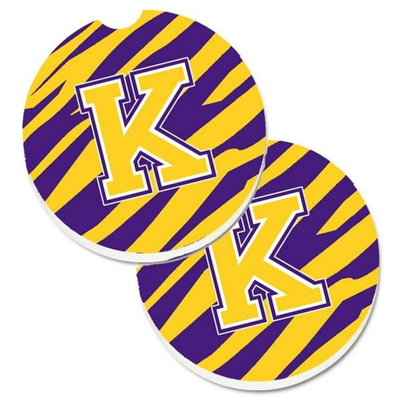 Letter K Monogram Tiger Stripe Purple & Gold Set of 2 Cup Holder Car Coaster