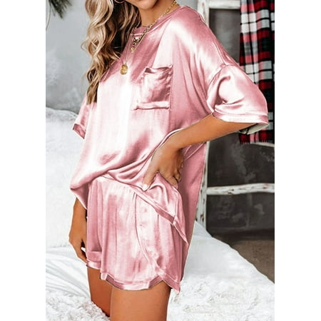 

EUHDSSDE Pajamas Women s Solid Color Pocket Top Loose Short Sets