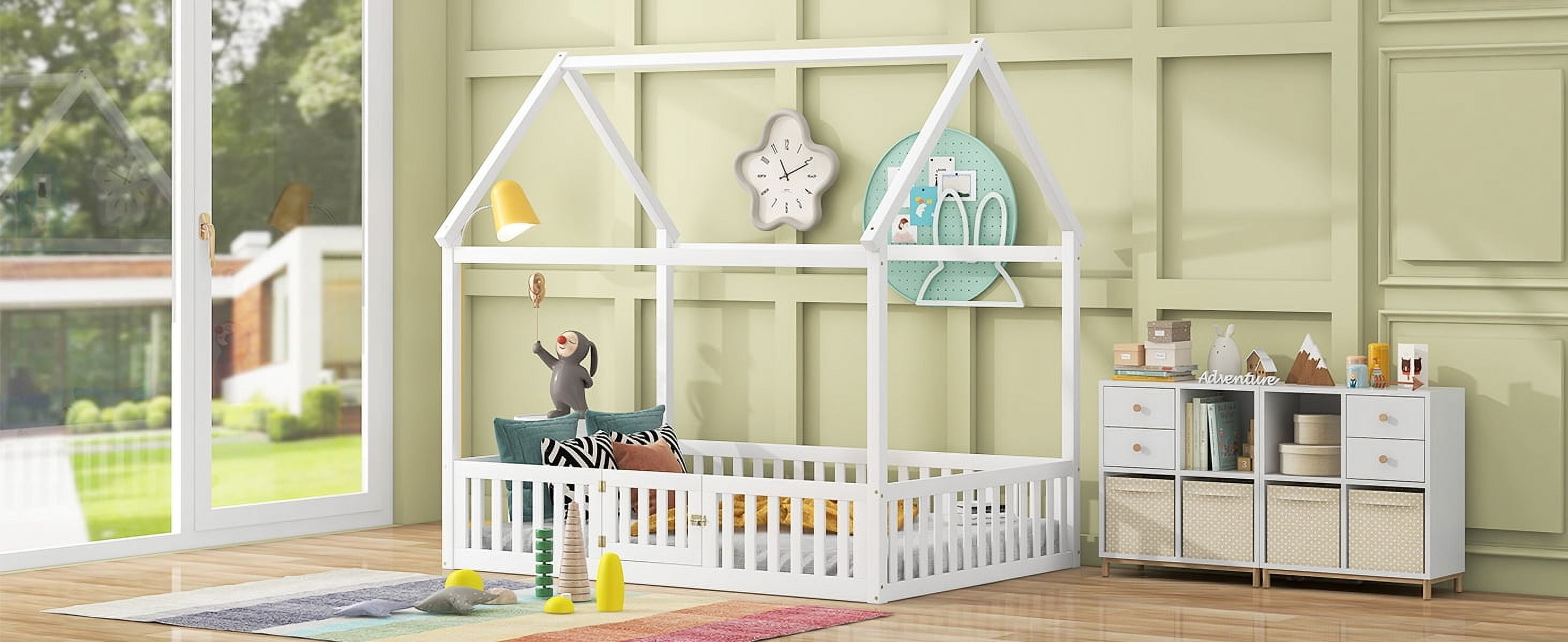 MAYEERTY Full Size Wood House Bed with Fence and Door, White