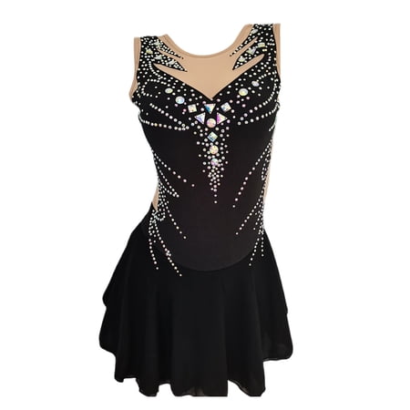 LIUHUO Sleeveless Black Spandex Figure Skating Dress with Diamond Embellishments and Flowing Skirt for Girls and Women