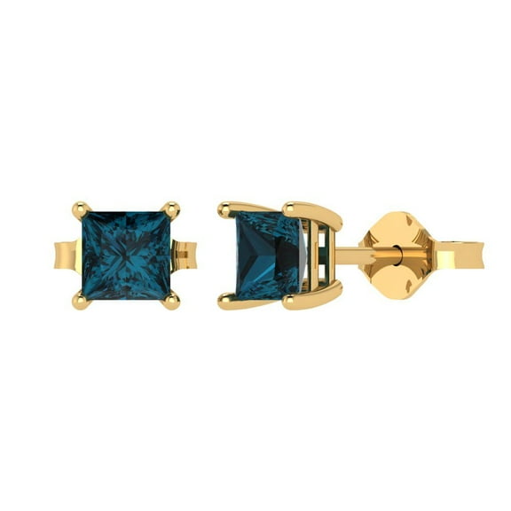 1 ct Push-Back Stud Earrings for Women | 4.5mm Princess Cut Natural London Blue Topaz | 18K Yellow Gold