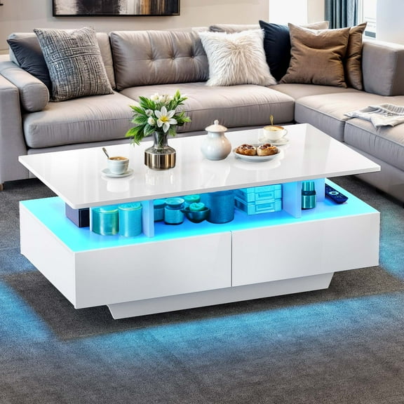 Wooflex Modern LED White Coffee Table with Storage Drawers and Display Shelf, 2-Tier Wood Top Design for Living Room