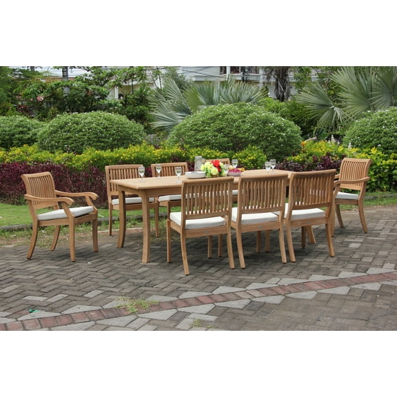 Teak Dining Set: 8 Seater 9 Pc: 117" Double Extensions Rectangle Dining Table, 2 Arm/Captain & 6 Armless Arbor Stacking Chairs Outdoor Patio Grade-A Teak Wood WholesaleTeak #WMDSAB32