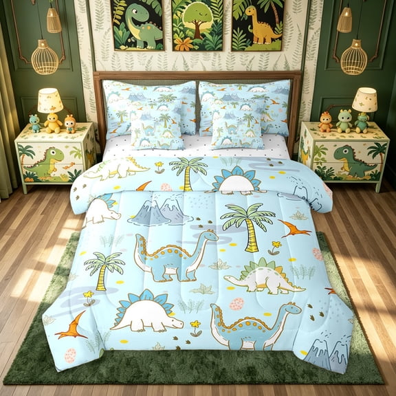meiyoeat Cartoon Dino Twin Bedding for Kids, Tropical Spinosaurus Wildlife Bedding Comforter Set, Sky Blue, Reversible, 7pcs