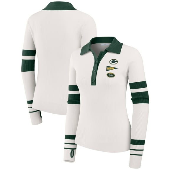 Women's WEAR by Erin Andrews White Green Bay Packers Ribbed Henley Polo Sweater