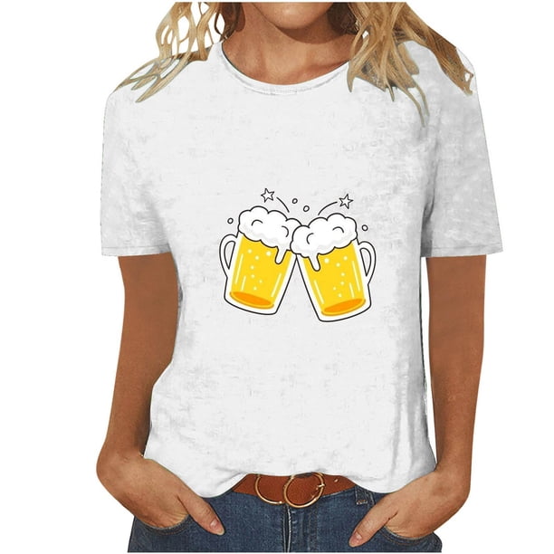 Tops Cortos para Mujeres, Oktoberfest Casual Impreso Cuello Redondo Manga Corta Camiseta Top Hecho de Poliéster para la Primavera Verano Uso Diario, Camisetas Casuales de Mujer