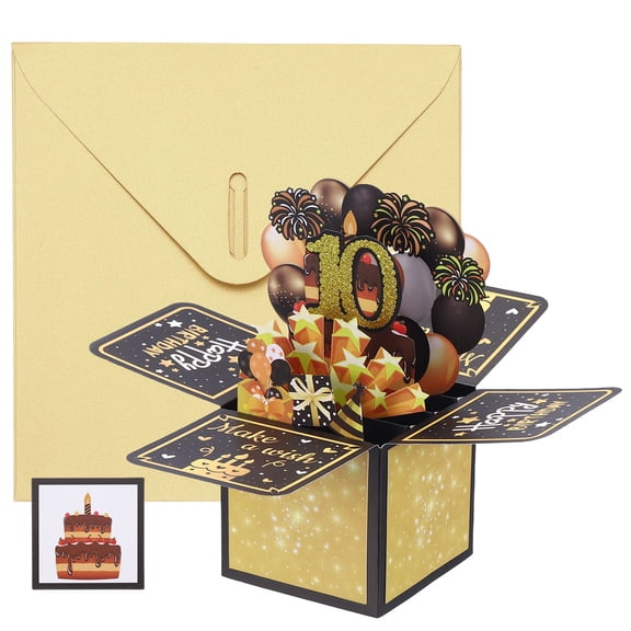 Uxcell 1 Pcs 3D Birthday Card, 10th Fold Out Birthday Card with Envelope and Small Card for Birthday Party Anniversary Celebration Surprise Greeting Gift, Black Gold Tone