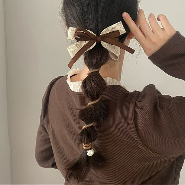 Ligas para el pelo de alambre telefónico Bowknot - Cintas suaves de cordón de poliéster para coletas y trenzas, impermeables y elásticas, 10 cm (café, negro)
