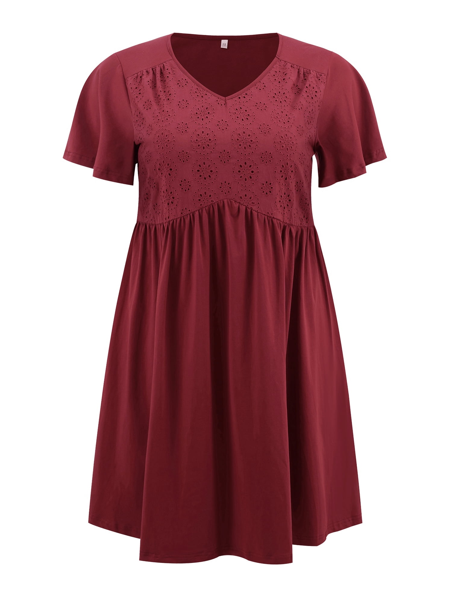 DARING DIVA Plus Size Summer V Neck Ruffle Short Sleeves Dress 3X Burgundy