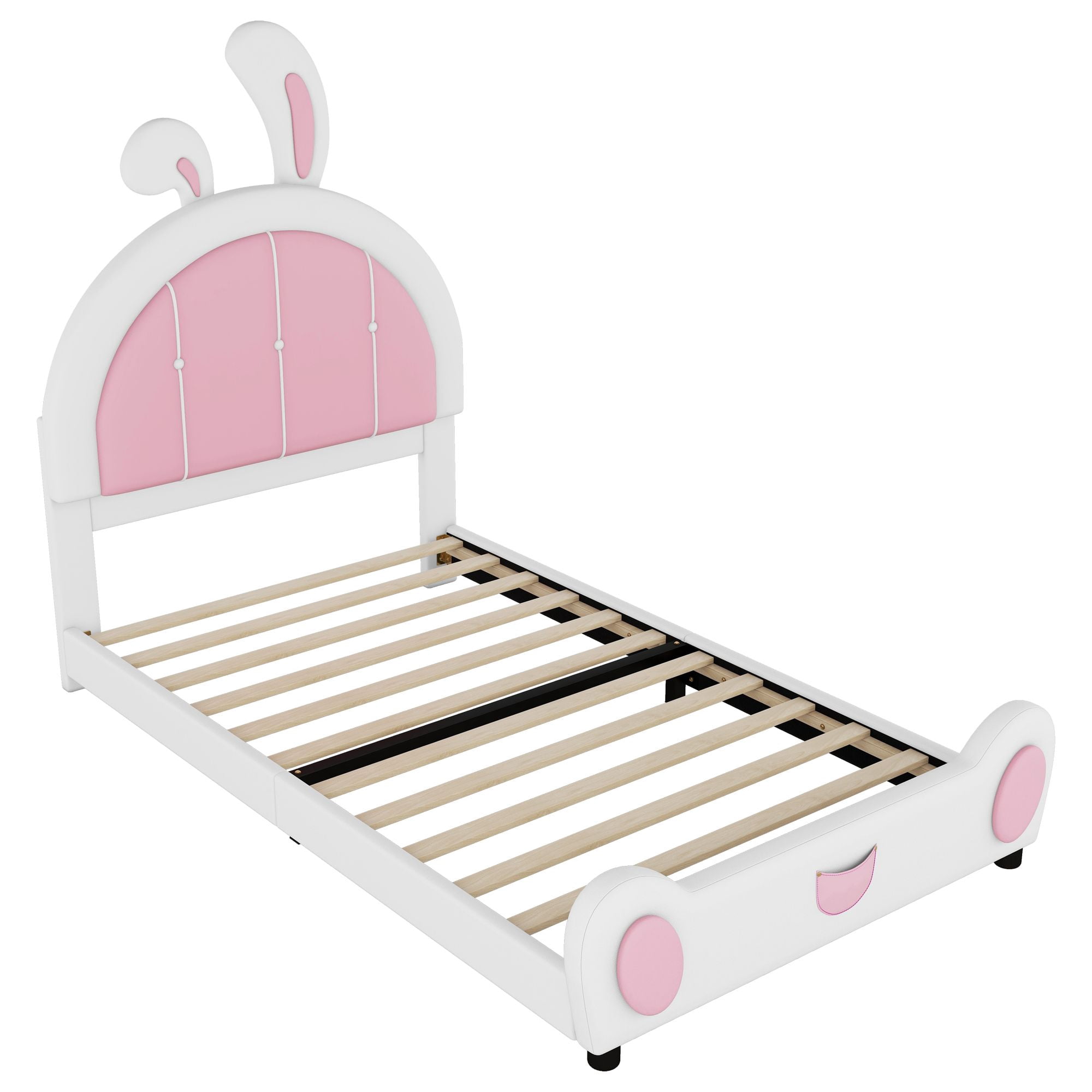 Aukfa Twin Upholstered Bed Frame, Princess Bed with Bunny Ears Headboard for Kids, Pink