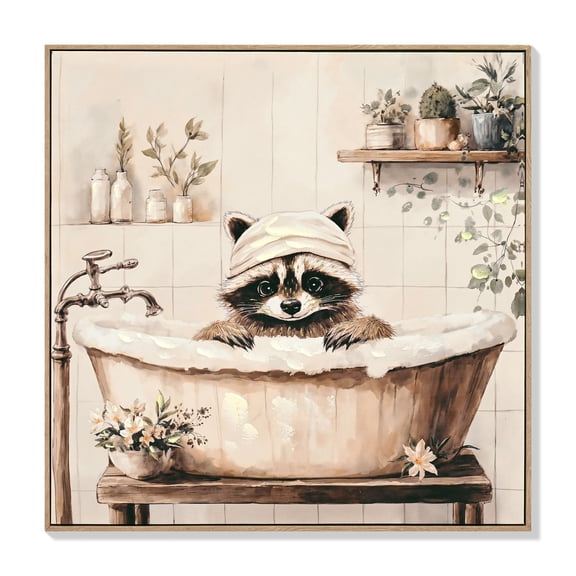 MOONMISS 24x24in Raccoon in Bathtub Canvas Print Framed Black White Funny Animal Bathroom Wall Art Home Decor