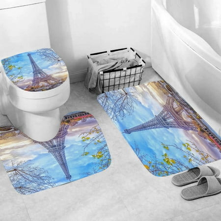 3 Pcs Paris Eiffel Tower Bathroom Rug Sets, Non Slip Bath Mat, Contour Mat and Toilet Lid Cover, Bathroom Mats Shower Mats Bath Rug Mat for Tub Shower and Bathroom