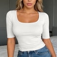 thumbnail image 2 of LINGLANG Womens U-Neck Slim Fit Half Sleeve T-Shirt Soft Stretchy Basic Top Solid Color Summer Tee Tight Fit Undershirt, 2 of 3