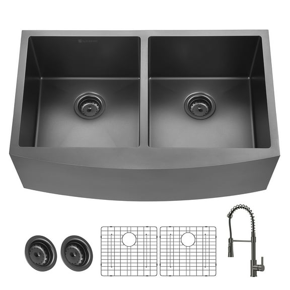 36 inch Farmhouse Kitchen Sink, Handmade Modern Apron-front Double Bowl Farm Kitchen Sink with Kitchen Faucet and Accessories