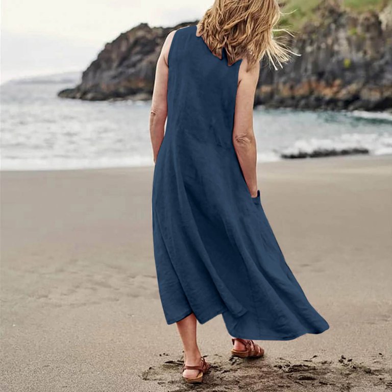 Cathalem Holiday Dresses for Women Plus Size Womens Summer Dresses Beach Casual  Plus Size Sleeveless Loose Flowy Sundresses(Navy,L)