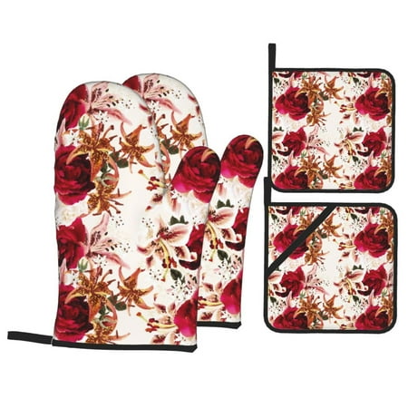 

Oven Mitts and Pot Holders 4 pcs Set Big Lilies Flowers Heat Resistant Pot Holders Oven Mitts for kitchen Non-Slip Hanging Loop Oven Glove Potholders for Baking Cooking