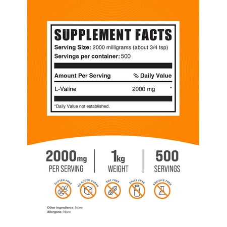 BulkSupplements L-Valine Powder - 2g per Serving - 1 Kilogram (2.2 lbs) - 500 Servings
