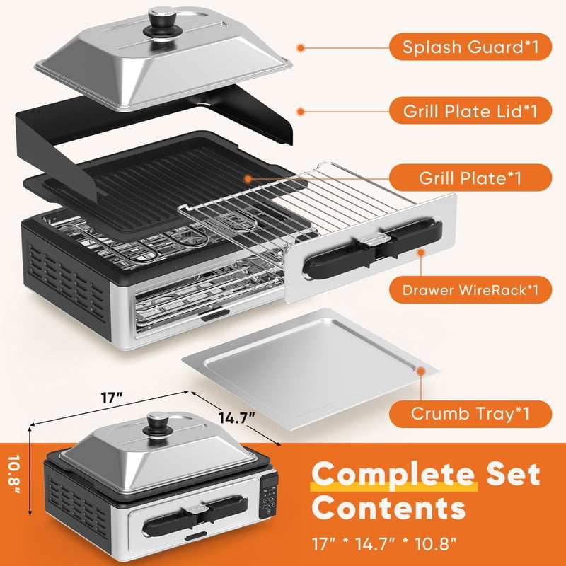 Gianna Electric Grill Indoor for Steak and Veggies, Smokeles Griddle with Lid for Kitchen Cooking, Countertop Oven Includes Temp Control/Grill Plate/Splash Guard/Crumb Tray, Silver