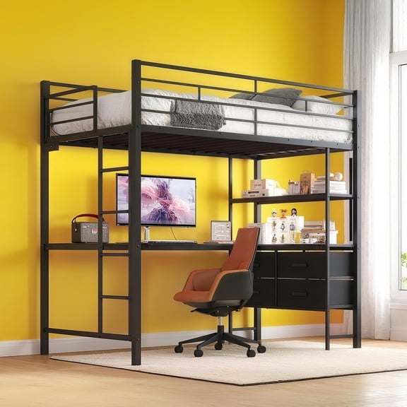 UBesGoo Twin Loft Bed with Desk and Drawers, Metal Loft Bed with Storage Shelves, Charging Station and LED Lights, Black