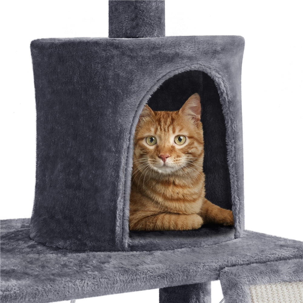 Alden Design 63″H Multi Level Cat Tree Condo with Basket & Hammock & Scratching Post, Dark Gray
