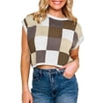 thumbnail image 6 of MESSUEN Short Sleeve Sweater for Women Checkered Sweater Cropped Sweater Short Sleeve Womens Tops Women’s Blouses Women's Blouses Dressy Casual Tops Women Khaki M, 6 of 7