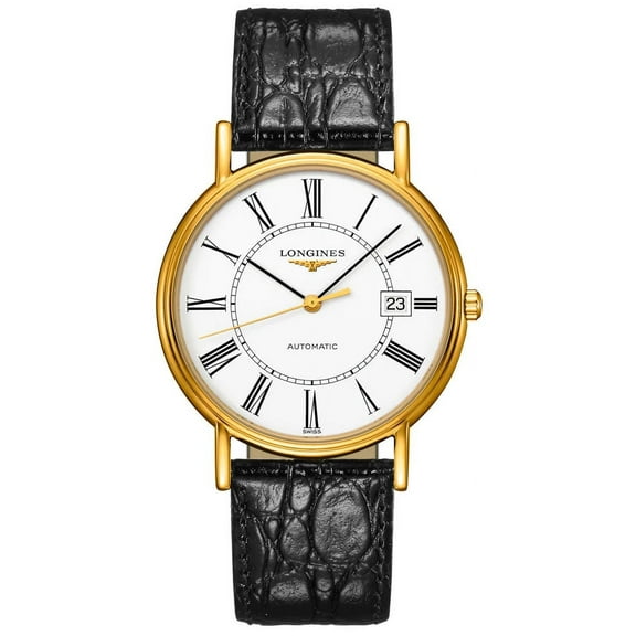 Longines Presence Automatic Yellow Gold PVD White Dial Black Leather Strap Date Mens Watch L4.921.2.11.2