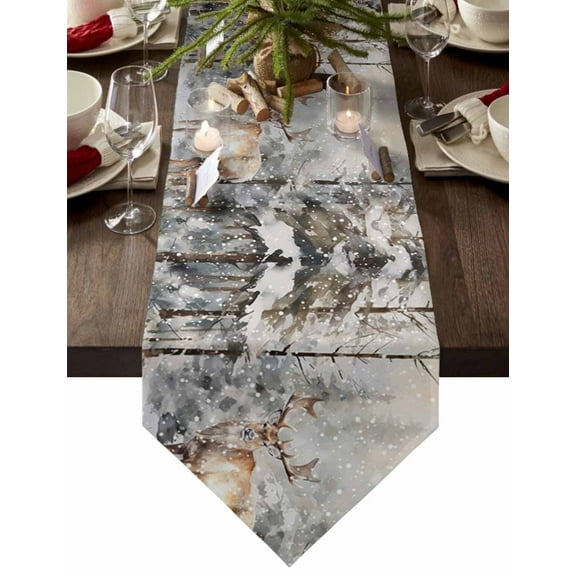 Table Runner Dresser Scarves Christmas Watercolor Reindeer Cotton Linen Burlap Table Cover Winter Forest Snow Scene Table Runners for Family Kitchen Dining Holiday Party Banquet Decor