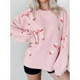 thumbnail image 4 of Womens Oversized Cute Bow- Tie Sweater Spring Cozy Chunky Ribbed Knit Crewneck Long Sleeve Pullover Tops Pink L, 4 of 7