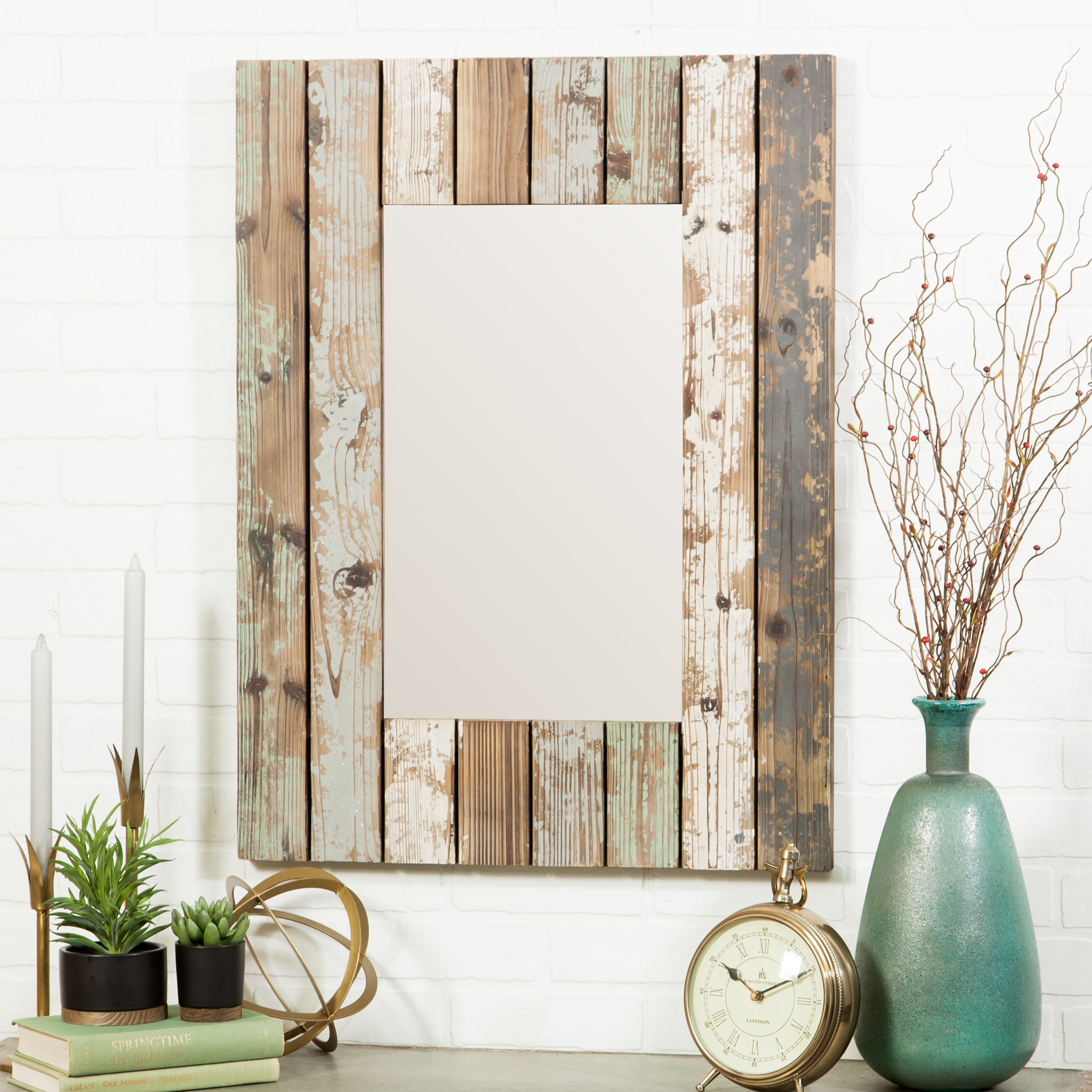 Rustic Farmhouse Wall Mirror Home Decor Solid Fir Wood Rectangle Hangs