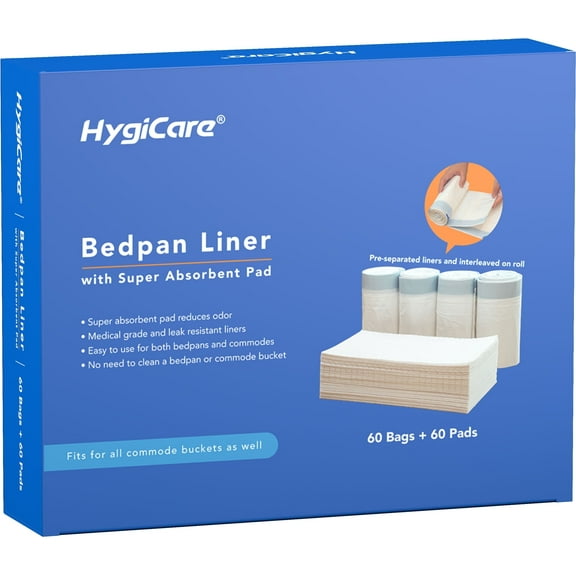 HygiCare Bedpan Liner with Absorbent Pad, Pre-Separated, 60 Bags   60 Pads, Medical Grade, Leakproof, Easy to Use, Fits Bedpans and Bedside Commodes