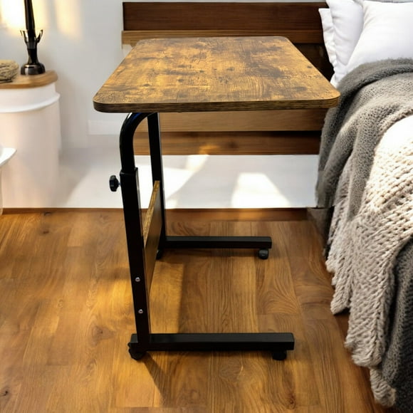 Adjustable C-Shaped Mobile Laptop Desk with Wheels, 23.6″ Rolling Side Table for Bed, Sofa & Home Office, Rustic Brown