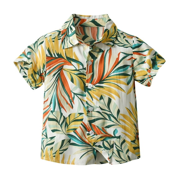 ZACPNCV Boys Hawaiian Shirt Kids Short Sleeve Button Down T Shirts Little Boy Beach Clothes Print Tops Yellow 3-4 Years