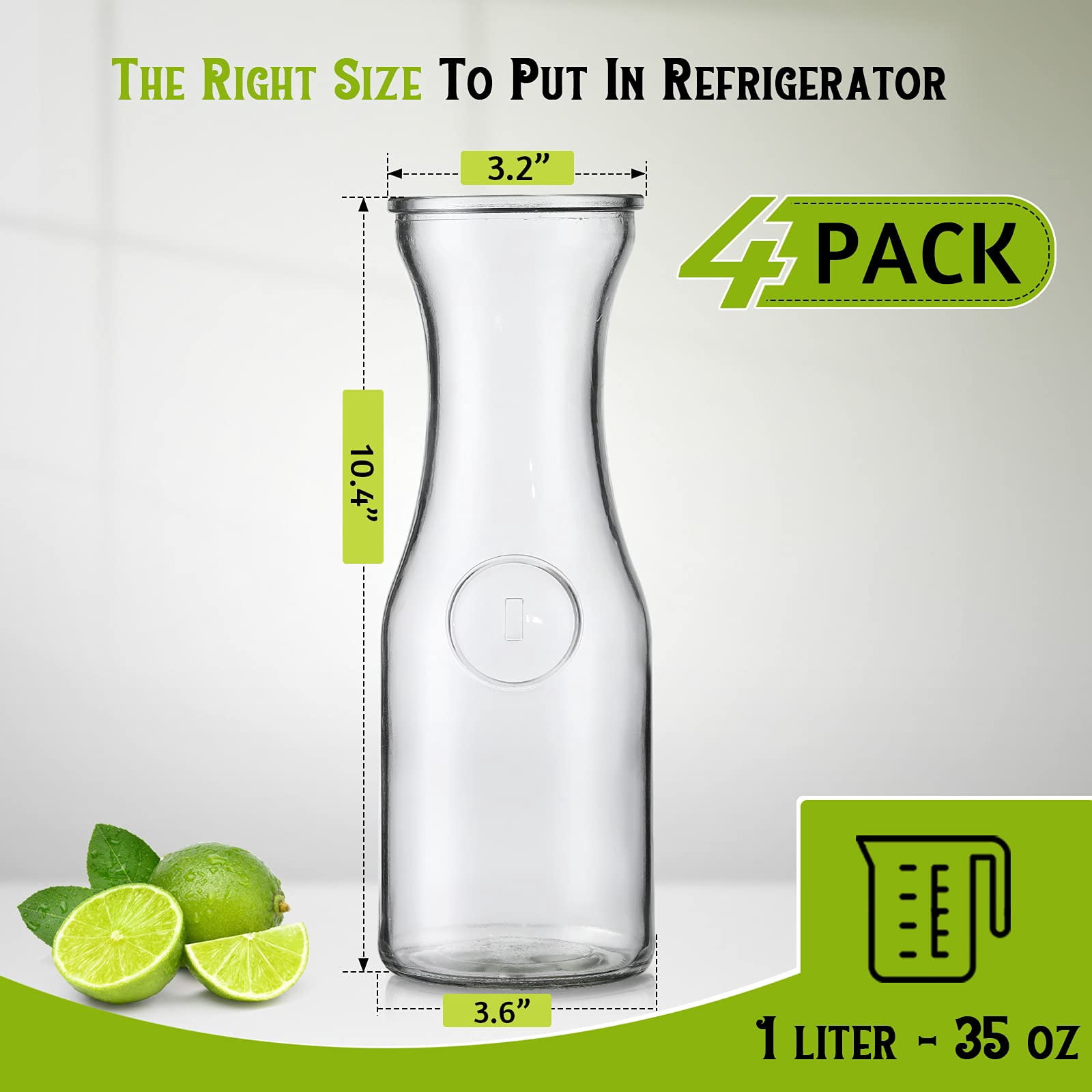 Set of 4 Glass Carafe with Lids, 1 Liter Glass Pitcher with Lid for Water, Juice, Iced Tea, Lemonade and Mimosa Bar, Clear Glass Water Bottles and Beverage Pitcher for Fridge