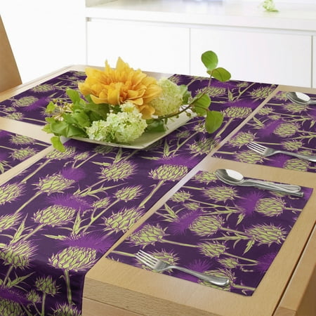 

Thistle Table Runner & Placemats Graphic Background with Vibrant Colored Scottish Thistles Pattern Set for Dining Table Decor Placemat 4 pcs + Runner 12 x72 Yellow Green and Purple by Ambesonne