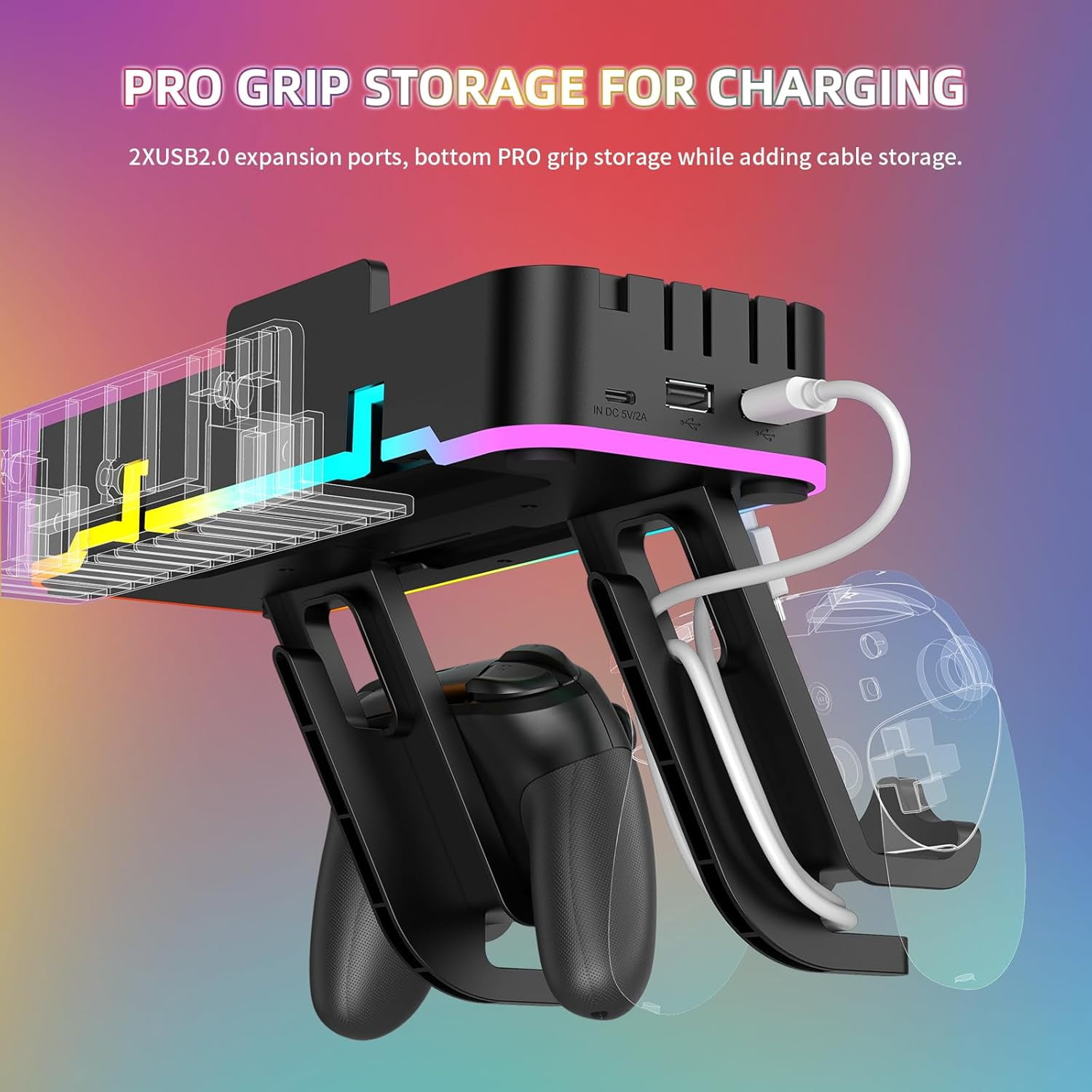 RGB Switch Wall Mount with Joy-Con Charger, Switch Holder for Nintendo Switch / OLED with Switch Organizer, Switch Accessories with 15 Light Mode, 4 Controller Charger, 2 USB Port, 10 Card Slot Black