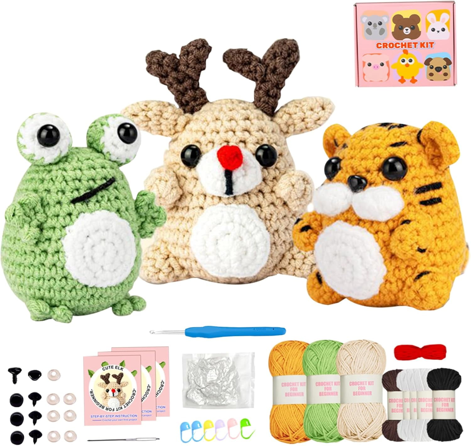 Wewean Wobbles Crochet Animal Kit 3 Pack Elk/Tiger/Frog Crochet Starter Kit with Step-by-Step Video Crochet for Kids Adults Beginner I983