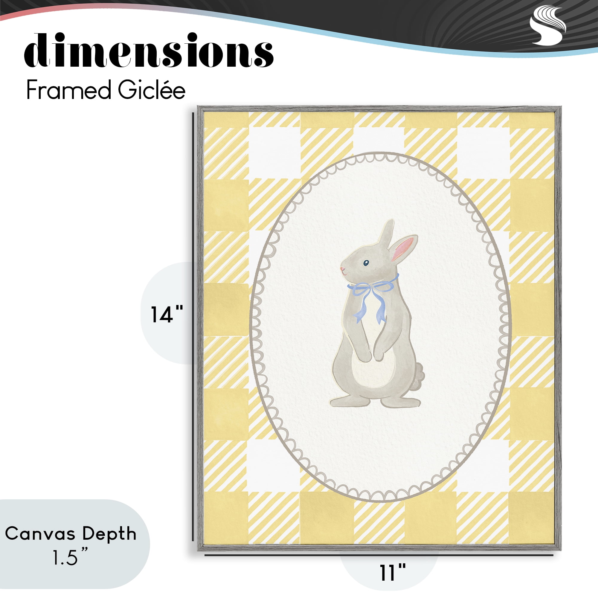 Stupell Industries Little Bunny on Yellow Gingham Gray Framed Giclee Art, design by The Paper Curator