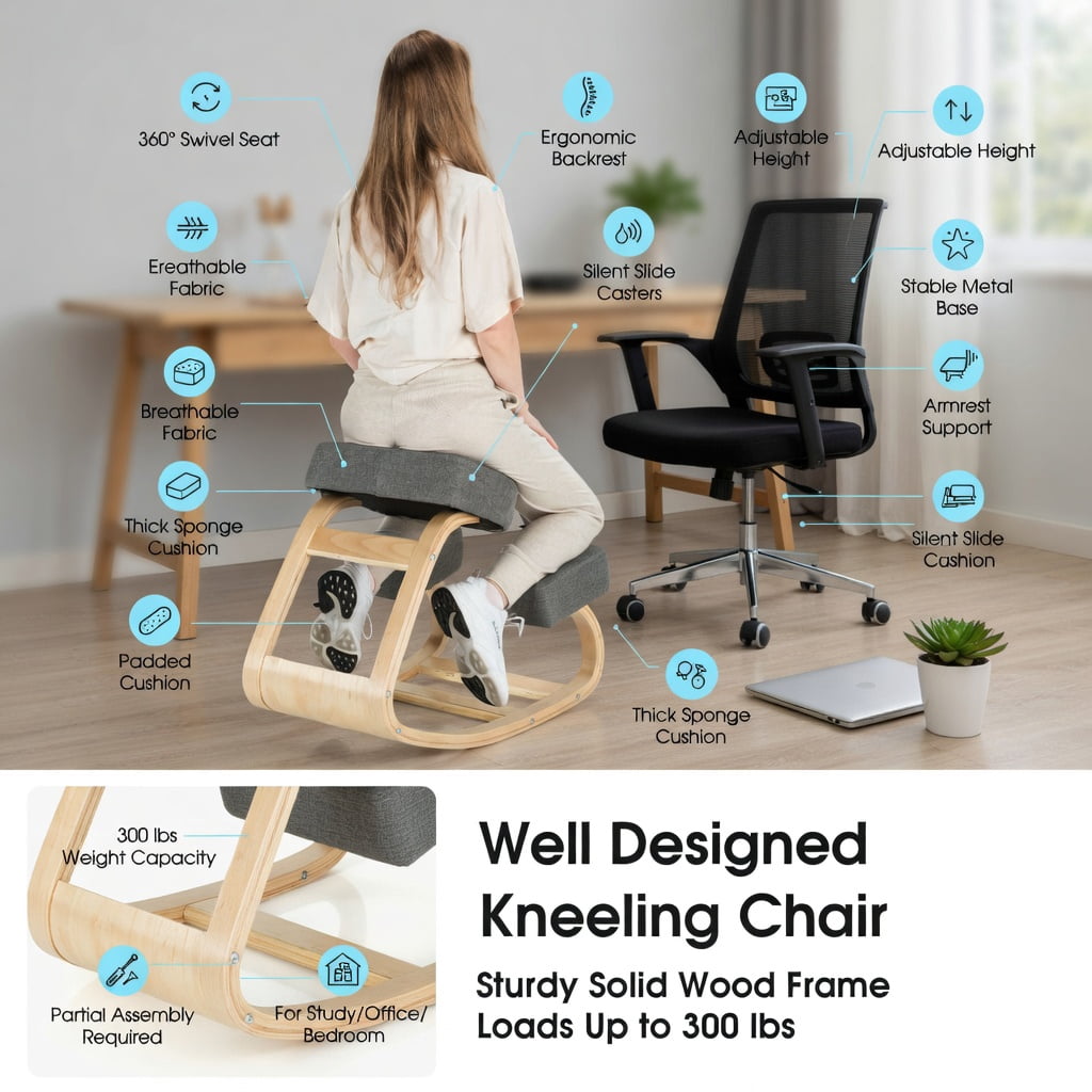 Spaco Ergonomic Kneeling Chair Rocking Office Desk Stool Upright Posture-Gray, Home Office Computer Desk Chair, Ergonomic Office Chair for Bedroom,Study