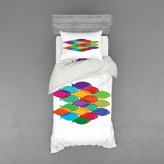 Ambesonne Fish Bedding Set 3 Pcs, Colorful Shoal Art, Twin, Multicolor