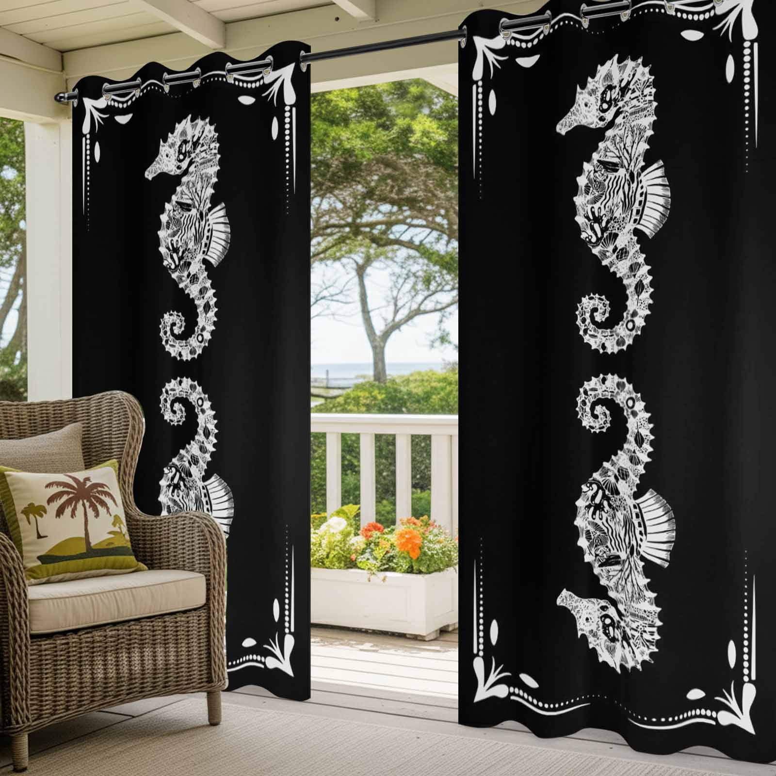 White Seahorse Outdoor Curtains for Patio, Retro Marine Life Black Background Sunshade Privacy Drapes Grommet Waterproof Outside Curtains for Porch/Cabana/Balcony 54"x 108", 1 Panel