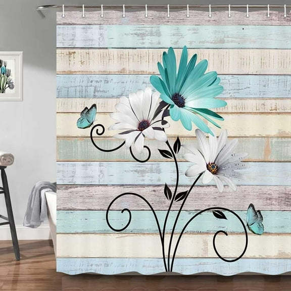 Rustic Teal Daisy Floral Shower Curtain，Farmhouse Farm Flowers and Butterfly Country Wooden Bath Curtains, Turquoise Vintage Antique Home Bathroom Decor Bathtub Set, 72X72in