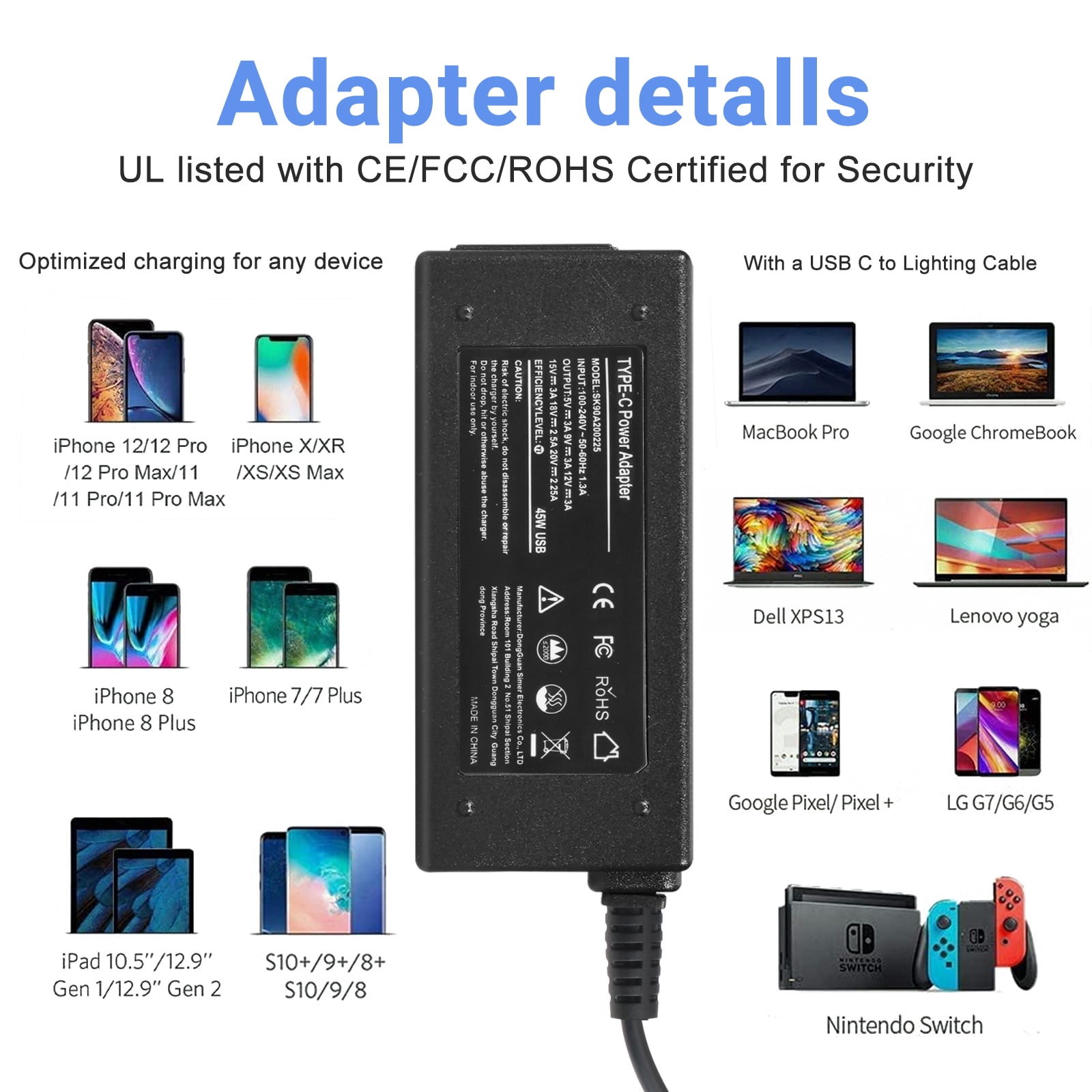 45W Type C USB C Laptop Charger for HP Chromebook Charger,USB C Laptop Charger,Type C Chromebook Chargerand Type C Charger for Other Brands Laptop